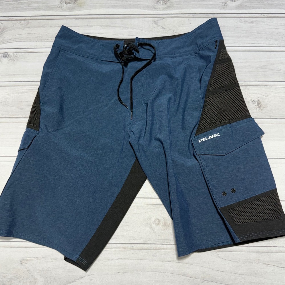 Pelagic FX-90 Tactical Board Shorts Mens 32 Navy Blue Black Fishing Performance